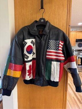 Phase 3 Black Leather Bomber Jacket with American & South Korean Flag Panels